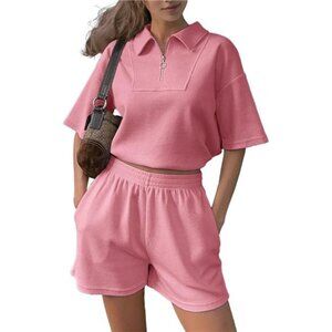 2 Piece Half Zip Summer Short Sets Sweatsuits Short Sleeve Crop ToTracksuit